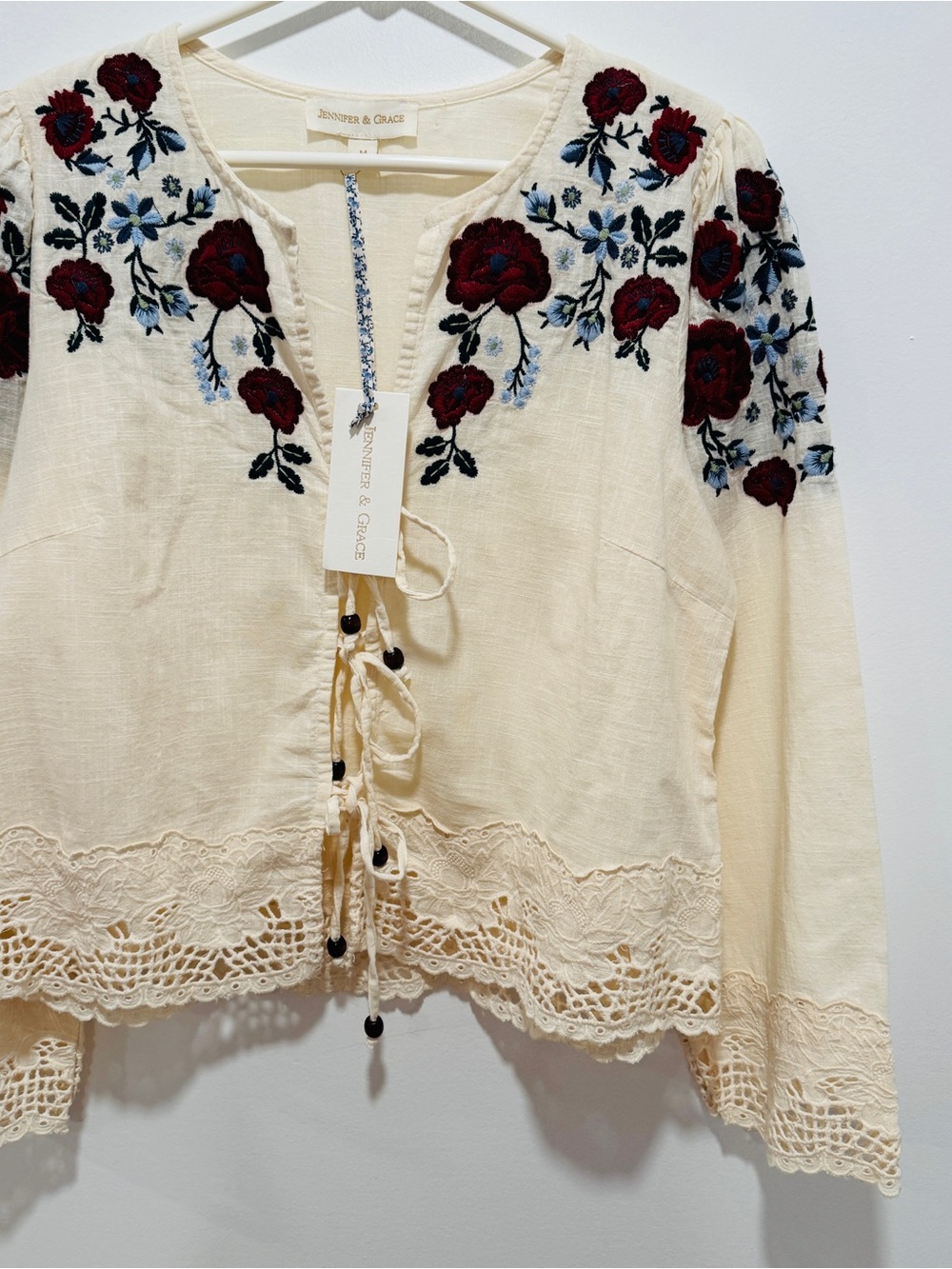 Jennifer & Grace Cream Embroidered Floral Lace-Trim Blouse